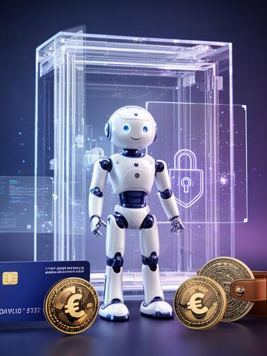 Robot umanoide bianco con dettagli blu davanti a un caveau digitale trasparente con euro, carta e portafoglio digitale