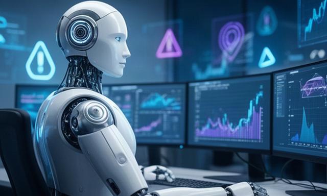 Robot umanoide bianco e argento seduto a una scrivania di sicurezza, con grafici finanziari e alert blu sui monitor