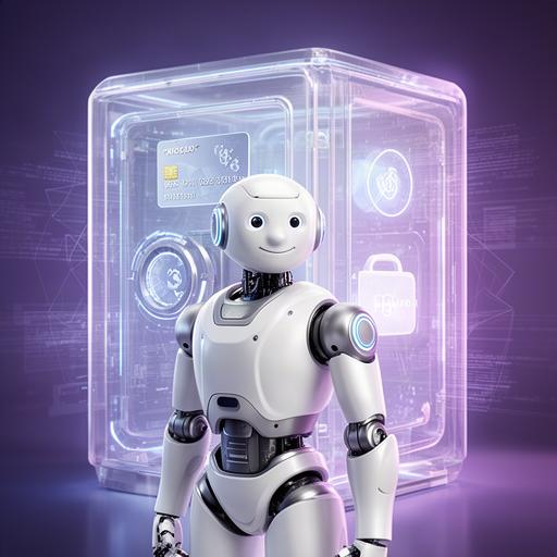 Robot umanoide bianco e argento con dettagli blu davanti a un caveau digitale trasparente con euro, carta e portafoglio digitale